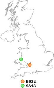 map showing distance between BS32 and SA48