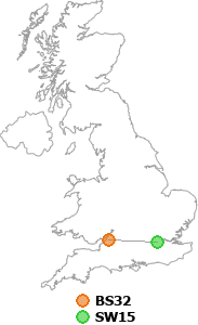 map showing distance between BS32 and SW15
