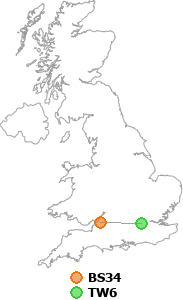 map showing distance between BS34 and TW6