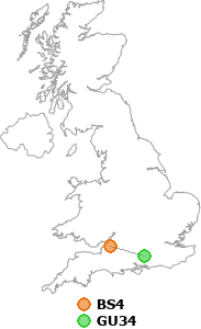 map showing distance between BS4 and GU34