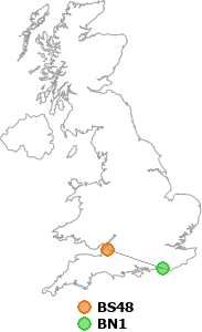 map showing distance between BS48 and BN1