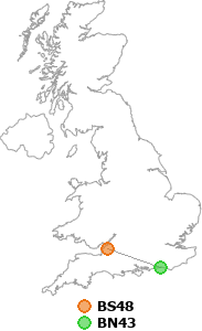 map showing distance between BS48 and BN43