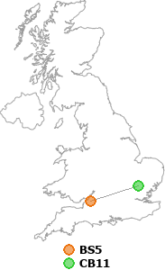 map showing distance between BS5 and CB11