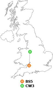 map showing distance between BS5 and CW3