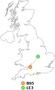 map showing distance between BS5 and LE3