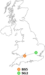 map showing distance between BS5 and SG2