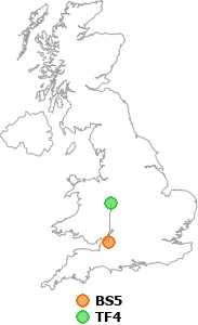 map showing distance between BS5 and TF4