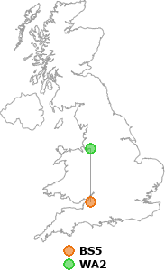 map showing distance between BS5 and WA2