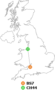 map showing distance between BS7 and CH44
