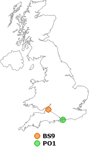 map showing distance between BS9 and PO1