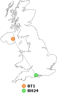 map showing distance between BT1 and BH24