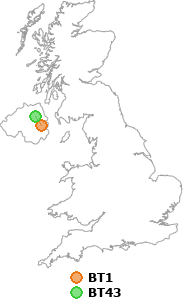 map showing distance between BT1 and BT43
