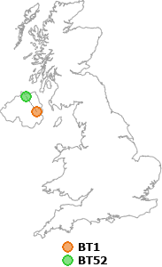 map showing distance between BT1 and BT52