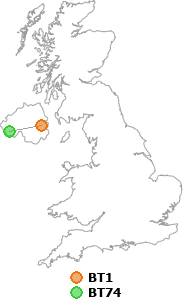 map showing distance between BT1 and BT74
