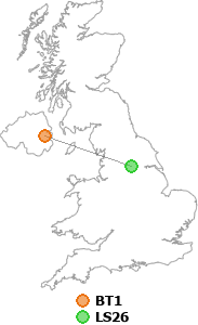 map showing distance between BT1 and LS26