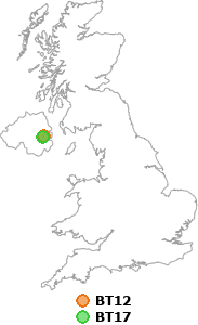 map showing distance between BT12 and BT17