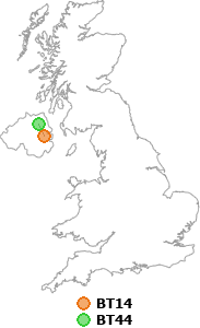 map showing distance between BT14 and BT44