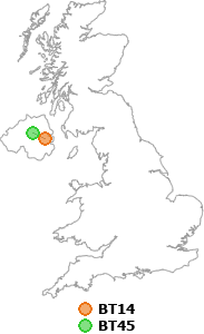 map showing distance between BT14 and BT45