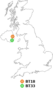 map showing distance between BT18 and BT33