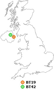 map showing distance between BT19 and BT42