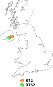 map showing distance between BT2 and BT62
