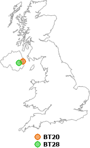 map showing distance between BT20 and BT28