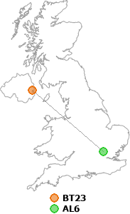 map showing distance between BT23 and AL6