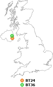 map showing distance between BT24 and BT36