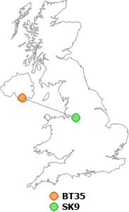 map showing distance between BT35 and SK9
