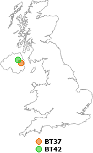 map showing distance between BT37 and BT42