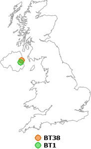 map showing distance between BT38 and BT1