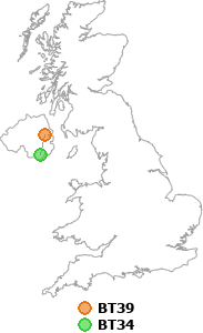 map showing distance between BT39 and BT34