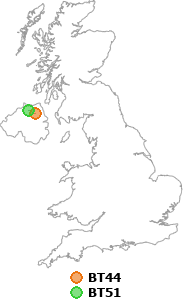 map showing distance between BT44 and BT51