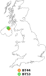 map showing distance between BT44 and BT53