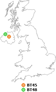 map showing distance between BT45 and BT48