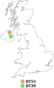 map showing distance between BT53 and BT29