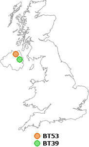 map showing distance between BT53 and BT39
