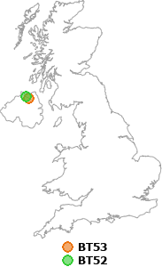 map showing distance between BT53 and BT52