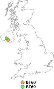map showing distance between BT60 and BT69