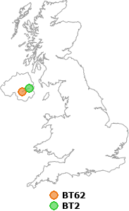 map showing distance between BT62 and BT2