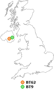 map showing distance between BT62 and BT9