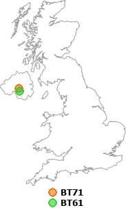 map showing distance between BT71 and BT61