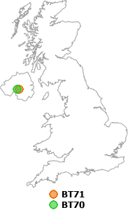 map showing distance between BT71 and BT70