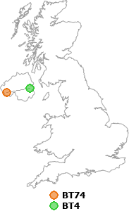 map showing distance between BT74 and BT4