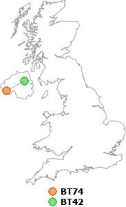 map showing distance between BT74 and BT42