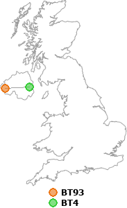 map showing distance between BT93 and BT4