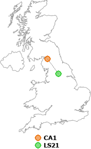 map showing distance between CA1 and LS21