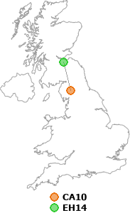map showing distance between CA10 and EH14