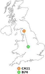 map showing distance between CA11 and B74
