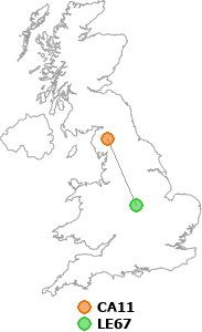 map showing distance between CA11 and LE67